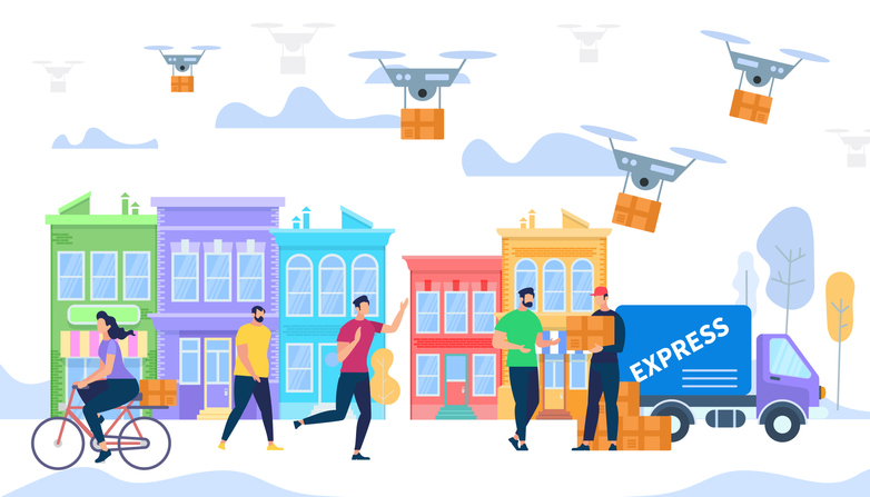 Man Courier Bring Box by Express Delivery Van Car. Drone Air Modern Logistic System, Fast Shipping Concept, Cargo Copter Mail Service. People Characters City Life, Cartoon Flat Vector Illustration.