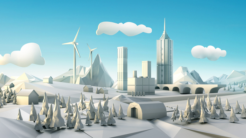 Polygon landscape with windmill, city, and forests. Made in 3d. With clouds adding to the atmosphere of the whole piece.