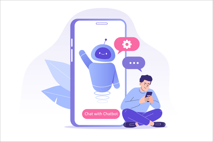 Chatbot ai and customer service concept. Young man talking with chatbot in a big smartphone screen. Chat bot virtual assistant via messaging. Customer support. Helping. Vector isolated illustration