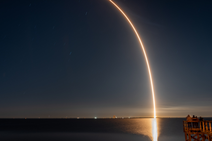 Long exposure photo of a SpaceX Falcon 9 lifting off on February 4, 2021 at 1:20AM. This Falcon 9 was launching the 19th batch of SpaceX Starlink broadband internet satellites.