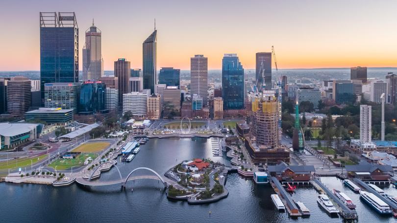 Aerial: Perth city skyline Elizabeth Quay