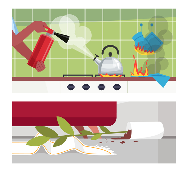 Disastrous home occurrences semi flat vector illustration set. Woman with fire-extinguisher, boiling kettle, burned potholders, fallen flower pot 2D cartoon scenes collection for commercial use
