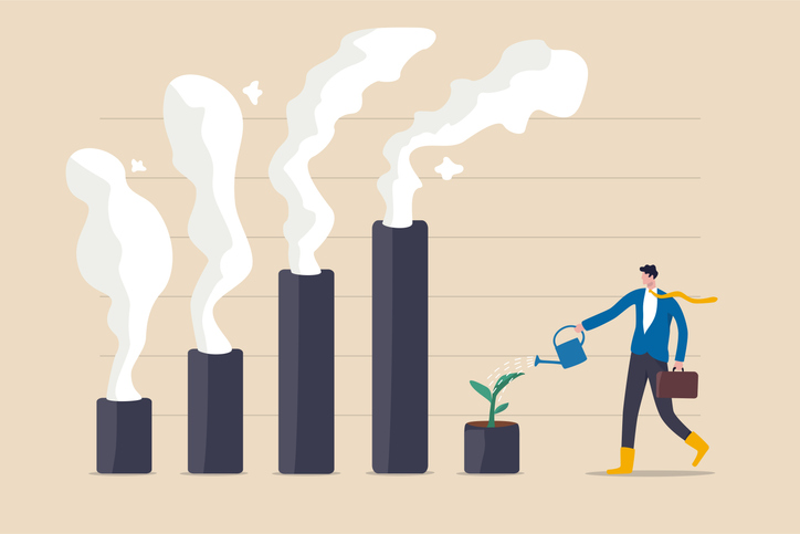 Climate crisis and environment policy, ESG or ecology problem concept, businessman leader watering seedling  plant on bar graph with pollution smoke rising up.