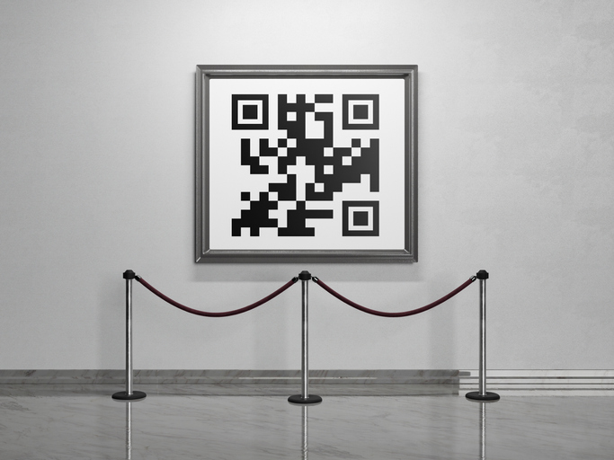 QR code in a museum painting with velvet barriers in front. digital art concept, NFT, technology and future. 3d rendering.
