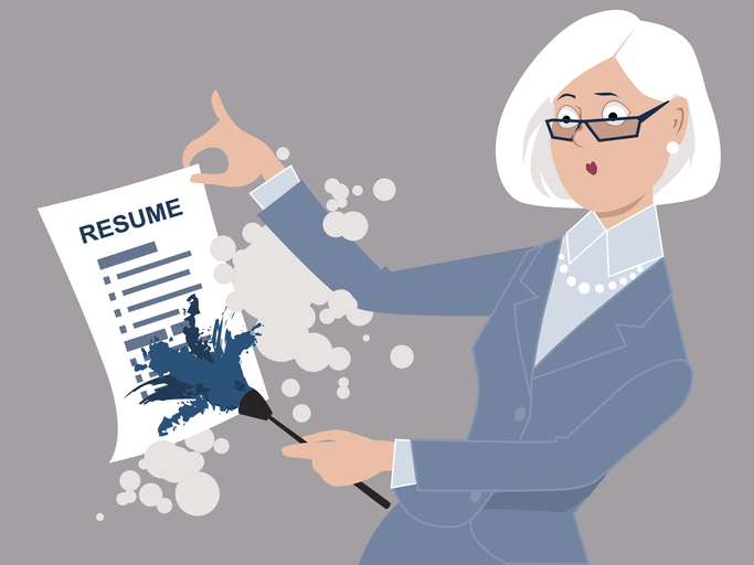 Senior woman dusting off her resume, returning to work, ESP 8 vector illustration