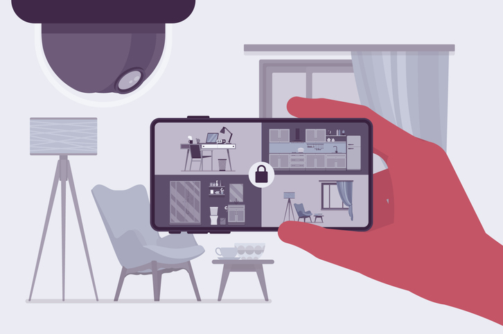 CCTV, smartphone app for video surveillance. Closed circuit television equipment security and home protection. Hand holding phone with four rooms on screen. Vector flat style cartoon illustration