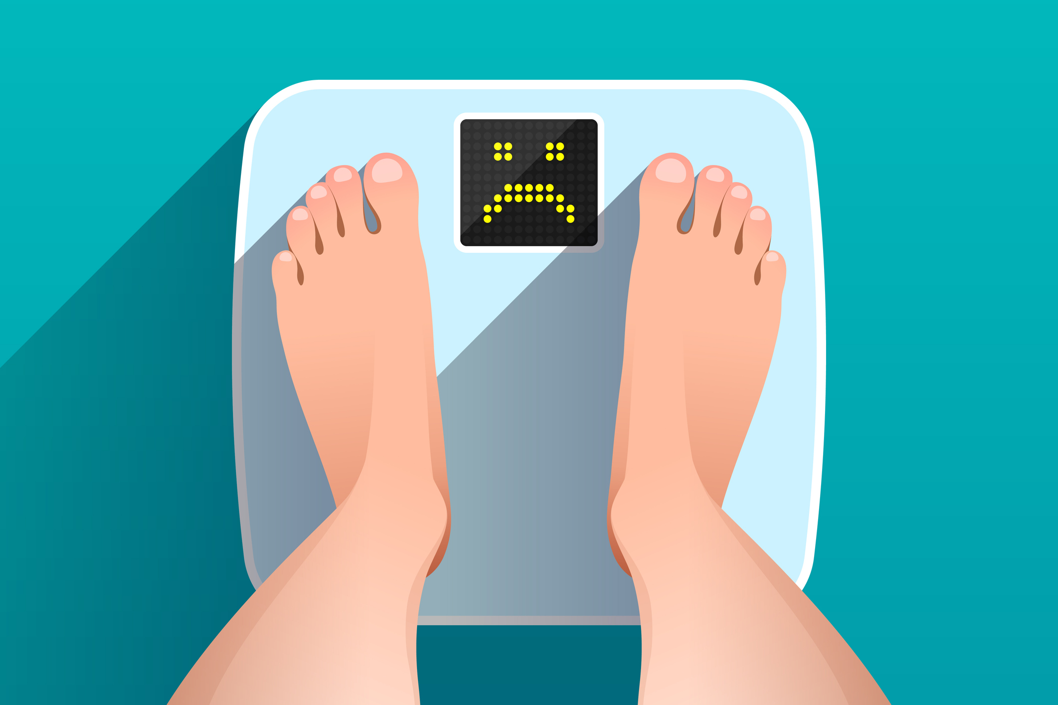 Woman is standing on bathroom scales with unhappy sad face on display, over colored background, top view of feet. Weight measurement and control. Concept of healthy lifestyle, dieting and fitness