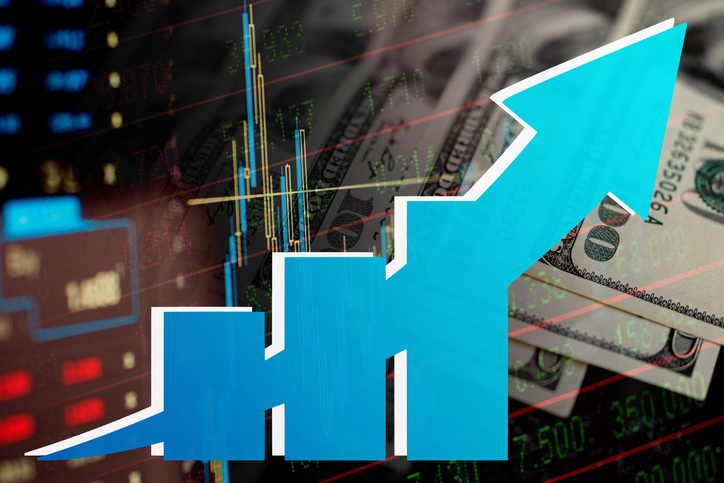 Economy chart: ascending light blue arrow, dollars and stock market indicators