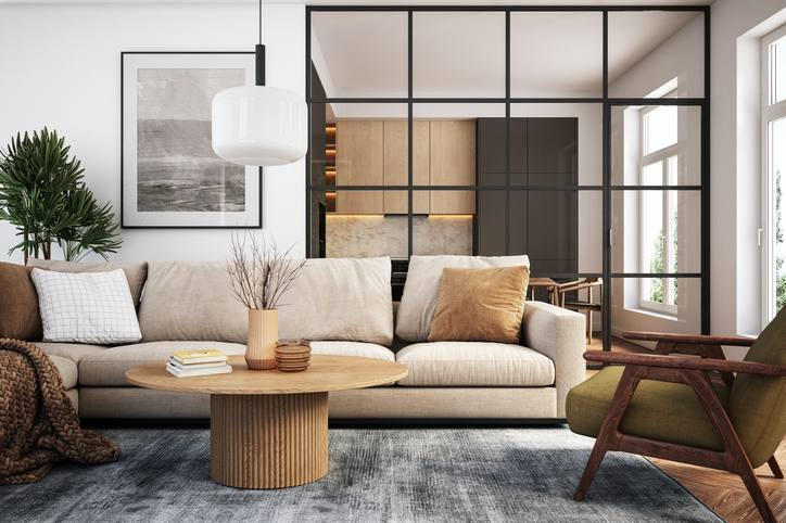 Living room 3d render with beige and green colored furniture and wooden elements