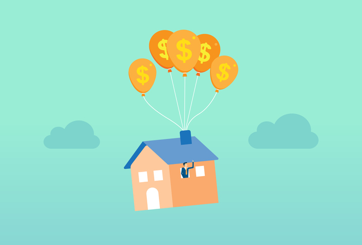 House float in the sky by currency balloon, home ownership, house rental, savings investment, Vector illustration design concept in flat style