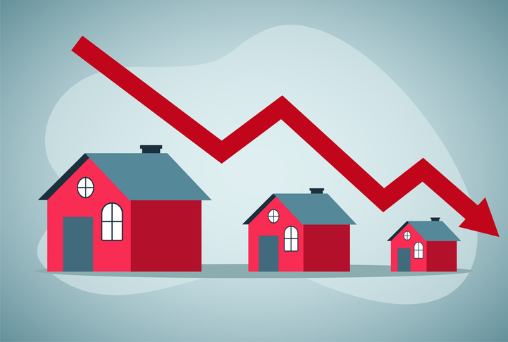 Housing price falling down, real estate and property crash, value drop or decline, home loan or mortgage risk concept.