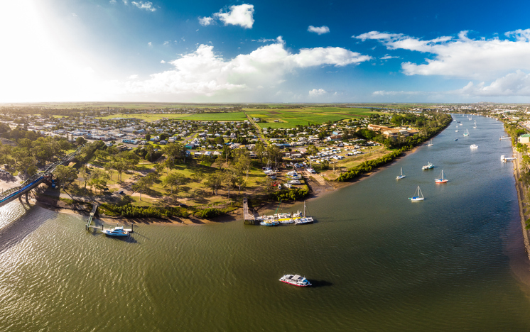 Aerial drone view of central area of Bundaberg, Queensland, Australia