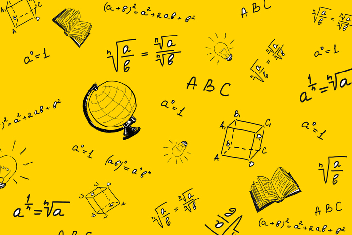 An open book, drawing or design. A globe drawn on a yellow background. Mathematical problems, their solution, algebra. Drawing of a light bulb. The concept of training, education, passing entrance exams to a university or institute. Back to school.
