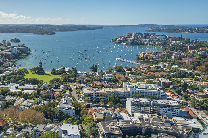 View across suburb of Double Bay toward Sydney Harbour. Darling Point (left) and Point Piper (right). Sydney, Australia