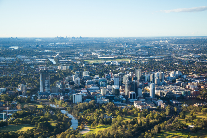 Aerial shot of Parramatta with Sydney CBD in the background