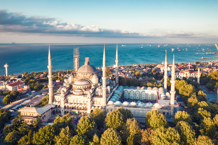 Sunrise drone photo of Sultan Ahmed Mosque and the Istanbul cityscape in the dawn.

The Sultan Ahmed Mosque（The Blue Mosque) is a historic mosque located in Istanbul, Turkey. A popular tourist site.

Photo taken on 08/11/2019 by drone device.