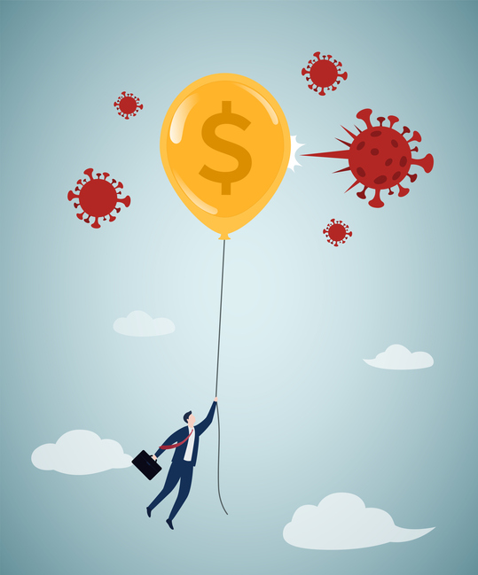 Coronavirus outbreak financial crisis. Virus like needle to pop the balloon. Business concept.