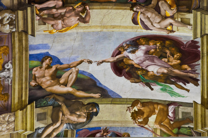The Creation of Adam. Renaissance frescoes by Michelangelo in the Sistine Chapel . Vatican Palace Museums. Vatican City. Rome. Lazio . Italy.