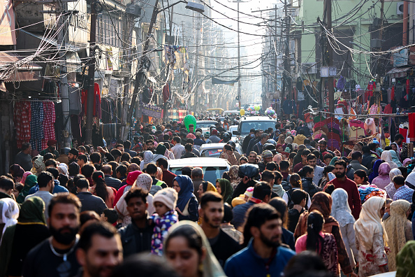 People walk through a busy Sunday Market on a sunny day in Jammu City Jammu and Kashmir India on 15 January 2023. (Photo by Nasir Kachroo/NurPhoto via Getty Images)