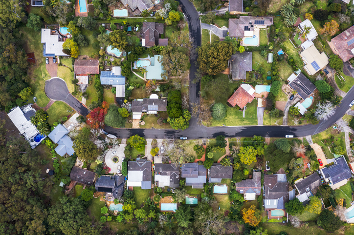 Aerial view of Suburban roof tops directly above