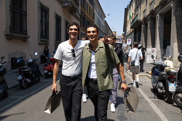 MILAN, ITALY - JUNE 19: Models  outside Giorgio Armani show during the Milan Fashion Week - Menswear Spring/Summer 2024 on June 19, 2023 in Milan, Italy. (Photo by Valentina Frugiuele/Getty Images)
