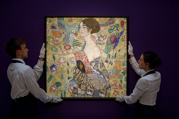 LONDON, ENGLAND: work by artist Gustav Klimt’s Dame mit Fächer (Lady with a Fan) lead this London’s season with an estimate in the region of £65 million. Instead it fetched a record $US108.4m. (Photo by John Phillips/Getty Images for Sotheby's)