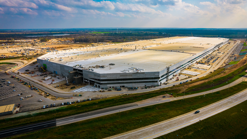 January 2022 - Austin , Texas , USA: Tesla Gigafactory in Austin Texas during final construction phases  , the start of the Cybertruck production line