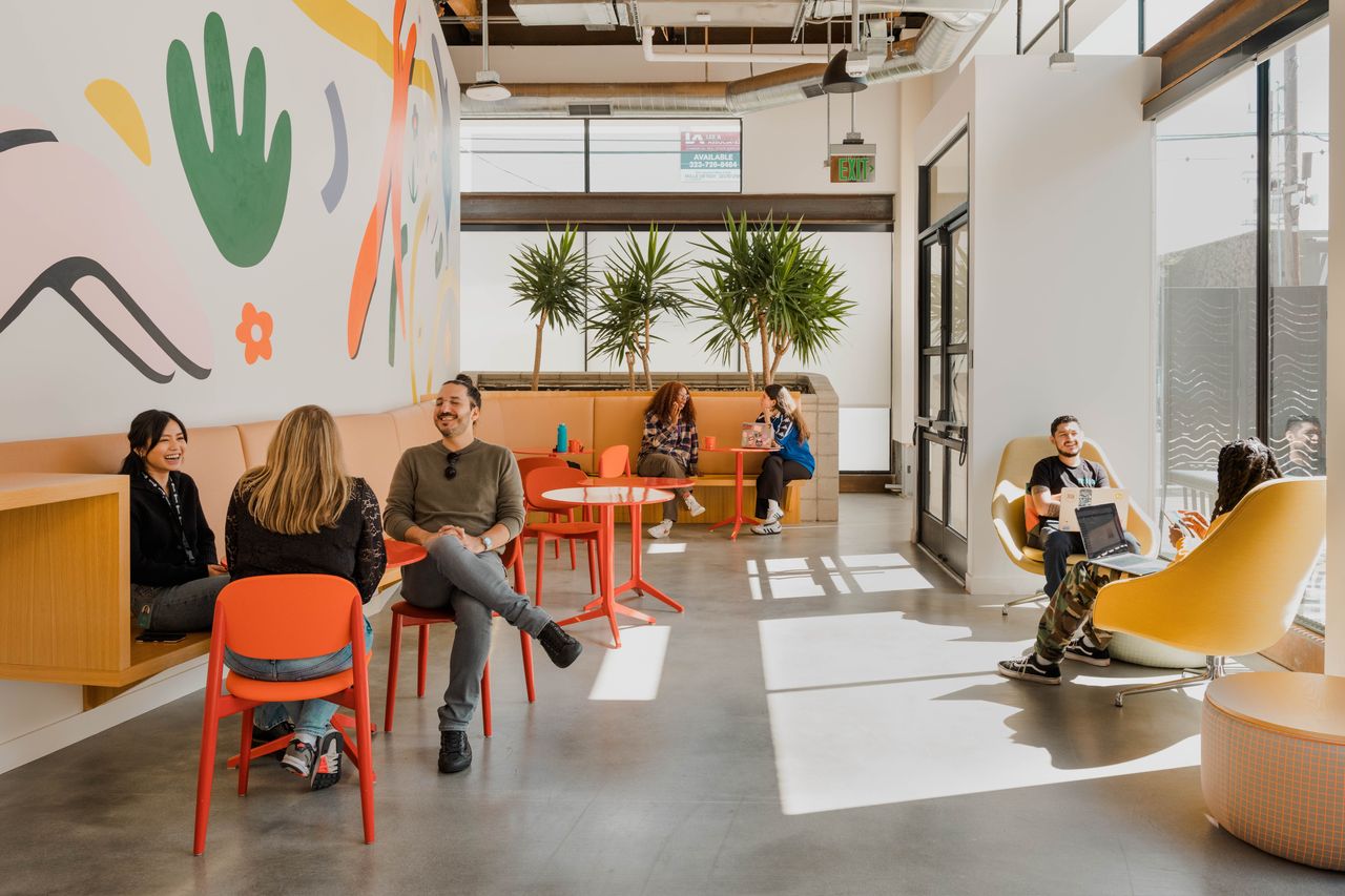 Employees work and have meetings at the cafeteria in Spotify’s Los Angeles office, designed by the author’s firm, RIOS. EMANUEL HAHN FOR THE WALL STREET JOURNAL