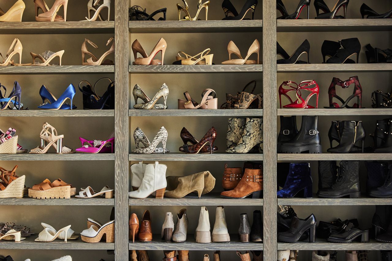 Cerused oak shelves hold Kelli Wang’s shoe collection, which grew to around 100 pairs by the time the design for the house was finished.