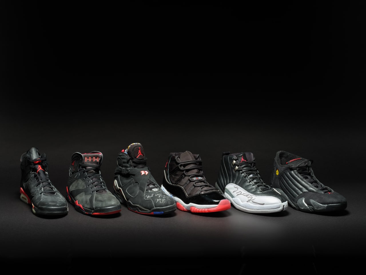 The “Dynasty Collection” of six individual Air Jordan sneakers won by basketball great Michael Jordan during six NBA Finals championships from 1991 through his final season with Chicago Bulls in 1998. The group was bought for $8 million at Sotheby’s on Friday.
Courtesy of Sotheby’s